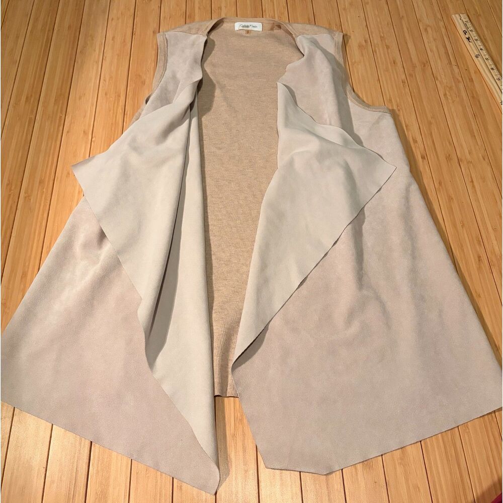 Calvin Klein Small Faux Suede Waterfall Vest Open Front Draped Knit Back